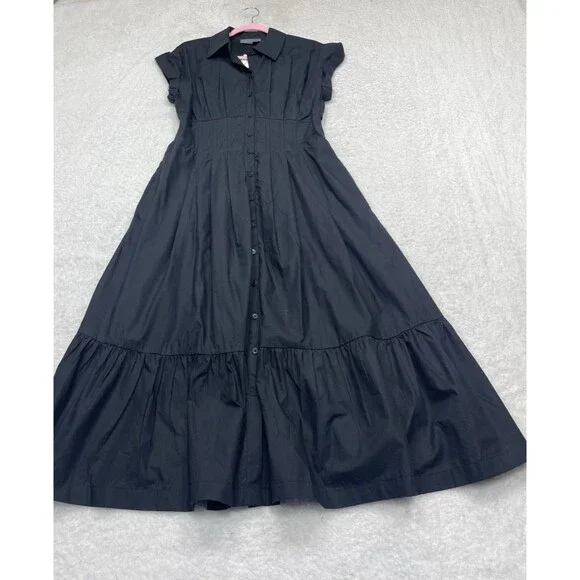 Anthropologie Midi Shirt Dress Black Pleated Cotton Preppy Retro Boho Medium NWT - Picture 2 of 14